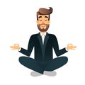 Cartoon flat happy office manager sitting and meditating. Illustration of handsome businessman relaxed calm in lotus