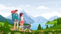 Cartoon flat happy traveler woman man couple and pet friend walk path, hiker people and dog enjoy nature scenery of