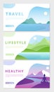 Cartoon flat healthy lifestyle traveling concept collection with mountain lake natural scene, active athlete running