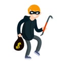 Thief with crowbar. Male offender sneaks Royalty Free Stock Photo