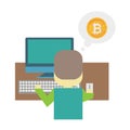 Cartoon flat illustration - mining bitcoin. A young man nerd sits behind a Desk