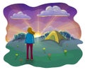 cartoon flat illustration of relaxing woman resting with tent in nature at sunset. woman enjoying sunset in nature. summer camping