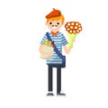 Cartoon flat illustration - young guy in striped clothes and beret.man with a bouquet of flowers