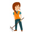 Cartoon flat janitor isolated on white background. Cute young girl-caretaker with rake.