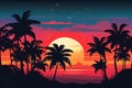 Cartoon flat landscape, sunset with palm trees on a colorful background. illustration of Generative AI. Royalty Free Stock Photo