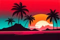 Cartoon flat landscape, sunset with palm trees on a colorful background. illustration of Generative AI. Royalty Free Stock Photo