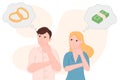 Cartoon flat man thinks about a wedding and a girl thinks about money Royalty Free Stock Photo
