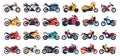 Cartoon flat motorbikes side view set isolated on white background. Motorcycle and motorbike equipments models, moto Royalty Free Stock Photo