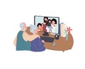 Cartoon flat old characters talking with family online,using of app for video calls vector illustration concept