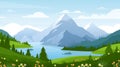 Cartoon flat panorama of spring summer beautiful nature, green grasslands meadow with flowers, forest, scenic blue lake Royalty Free Stock Photo