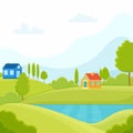 Cartoon flat panorama of spring summer beautiful nature, green grasslands meadow, forest, scenic blue lake, mountains Royalty Free Stock Photo