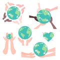 Cartoon flat planet in the hands set vector illustration Royalty Free Stock Photo