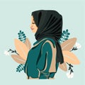 Cartoon flat portrait of Beautiful girl in hijab. Elegant of a young Muslim woman. Vector stock illustration. Arabian