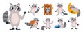 Cartoon flat raccoon character. Careless funny raccoons in different poses, wash and sing, meditate and sleep. Woodland