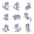 Cartoon flat raccoon character. Funny raccoon, happy animal mascot various poses. Cute wildlife nowaday children vector