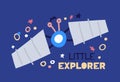 Cartoon flat satellite flying up with star sky. Flat vector illustration with text little explorer on blue background