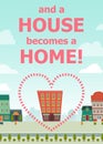 Cartoon flat stile postcard poster sweet home concept idea with house comfort street line cityscape, dotted heart frame, pink funn