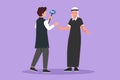 Cartoon flat style drawing active Arabian presenter filming video blog with operator. Man blogger, journalists filming with