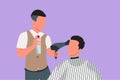 Cartoon flat style drawing of active barber makes hair styling with hair spray after haircut at barber shop. Young handsome man