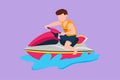 Cartoon flat style drawing of active little boy riding jet ski at beach. Happy smiling child with rides water scooter on ocean