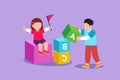 Cartoon flat style drawing adorable little boy and girl playing blocks cube toys together. Kids play with toys brick. Educational