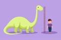 Cartoon flat style drawing adorable little boy measuring his height with brontosaurus height chart on wall. Kids measures growth Royalty Free Stock Photo