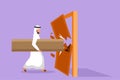 Cartoon flat style drawing Arab businessman holding large log and destroying door. Overcome business challenges, and destroying