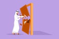 Cartoon flat style drawing Arab businessman punching and destroying door. Depicts eliminating barrier of entries, overcome