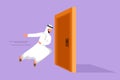 Cartoon flat style drawing Arab businessman running and want to break down the door. Business struggle metaphor. Strength worker