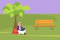 Cartoon flat style drawing Arab businessman sitting in park under a tree and working with laptop. Smart male student typing