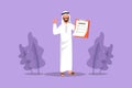 Cartoon flat style drawing Arab businessman standing, holding clipboard and pointing index finger up. Active person keeping file Royalty Free Stock Photo