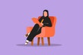 Cartoon flat style drawing Arab businesswoman writing on clipboard. Pretty female executive sitting in armchair. Success woman