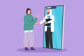 Cartoon flat style drawing Arab female patient standing and shaking hand with male doctor coming out of smartphone and hold Royalty Free Stock Photo