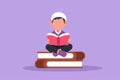 Cartoon flat style drawing Arab little boy reading, learning, sitting on big book. Studying in library. Smart student sitting on Royalty Free Stock Photo