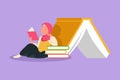 Cartoon flat style drawing Arab little girl reading, learning and leaning on pile of big books. Study at school. Smart student get