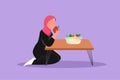 Cartoon flat style drawing Arab little girl sitting near table and eating apple. Orange and mango in bowl placed on table at home