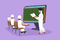 Cartoon flat style drawing Arab male teacher standing in front of monitor screen holding book and teaching two junior high school Royalty Free Stock Photo