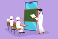 Cartoon flat style drawing Arab male teacher standing in front of smartphone screen holding book and teaching junior high school