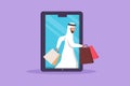 Cartoon flat style drawing Arab man coming out of large smartphone screen with holding shopping bags. Sale, digital lifestyle,