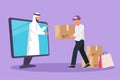 Cartoon flat style drawing Arab man customer receives boxed package, through computer monitor screen from male courier. Online Royalty Free Stock Photo