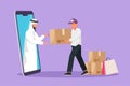 Cartoon flat style drawing Arab man customer receives boxed package, through smartphone screen from male courier. Online delivery Royalty Free Stock Photo