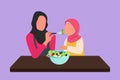 Cartoon flat style drawing Arab mother feeds little daughter food and in front of her is bowl filled with salad. Happy mom and