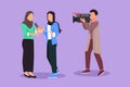 Cartoon flat style drawing Arab woman journalist with microphone, interview Arabian girl at tv studio. Reporter and cameraman