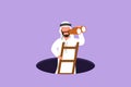 Cartoon flat style drawing Arabian businessman climbs out of hole by ladder and using binocular. Business vision, idea, solution.