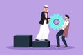 Cartoon flat style drawing Arabian businessman helping his partner to lifting cogs or gears on top of stairs. Teamwork, goal Royalty Free Stock Photo