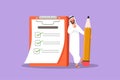 Cartoon flat style drawing Arabian businessman holding huge pencil and leaning at completed checklist on clipboard. Planning and Royalty Free Stock Photo