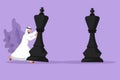 Cartoon flat style drawing Arabian businessman pushes big king chess pieces to beat opponent king. Business strategy and marketing