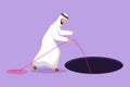 Cartoon flat style drawing Arabian businessman stretch out rope into hole. Man wondering and looking at the big hole, business