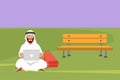 Cartoon flat style drawing Arabian businessman using laptop computer sitting on grass in the park. Relax male student typing Royalty Free Stock Photo
