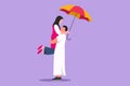 Cartoon flat style drawing of Arabian couple in love under rain with umbrella. Happy man and woman walking at park and jumping. Royalty Free Stock Photo